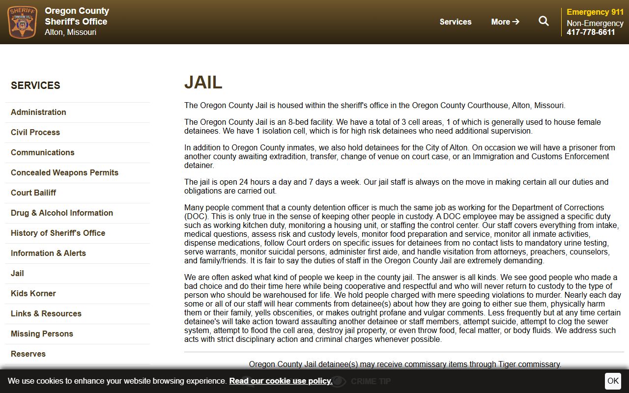 Oregon County Jail inmate population and jail page