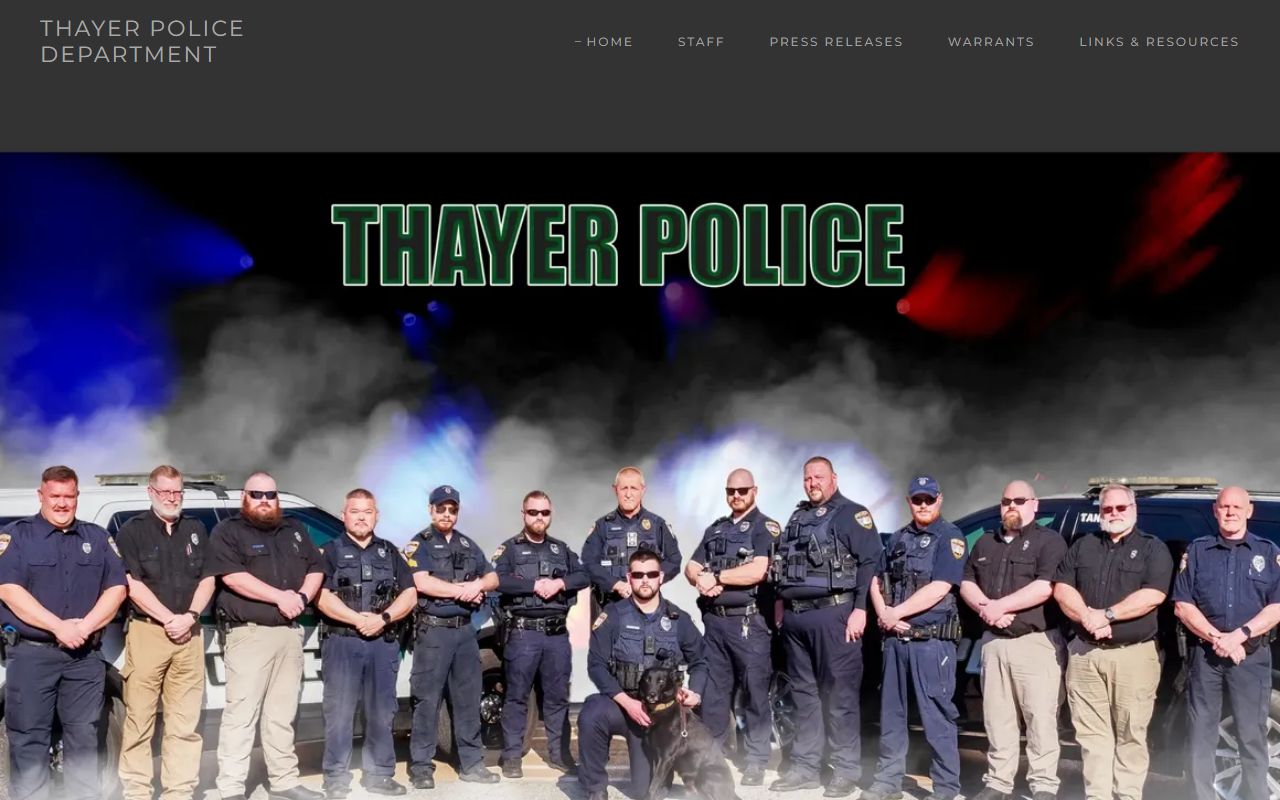 Thayer Jail inmate booking contact information from the Thayer Police Department website