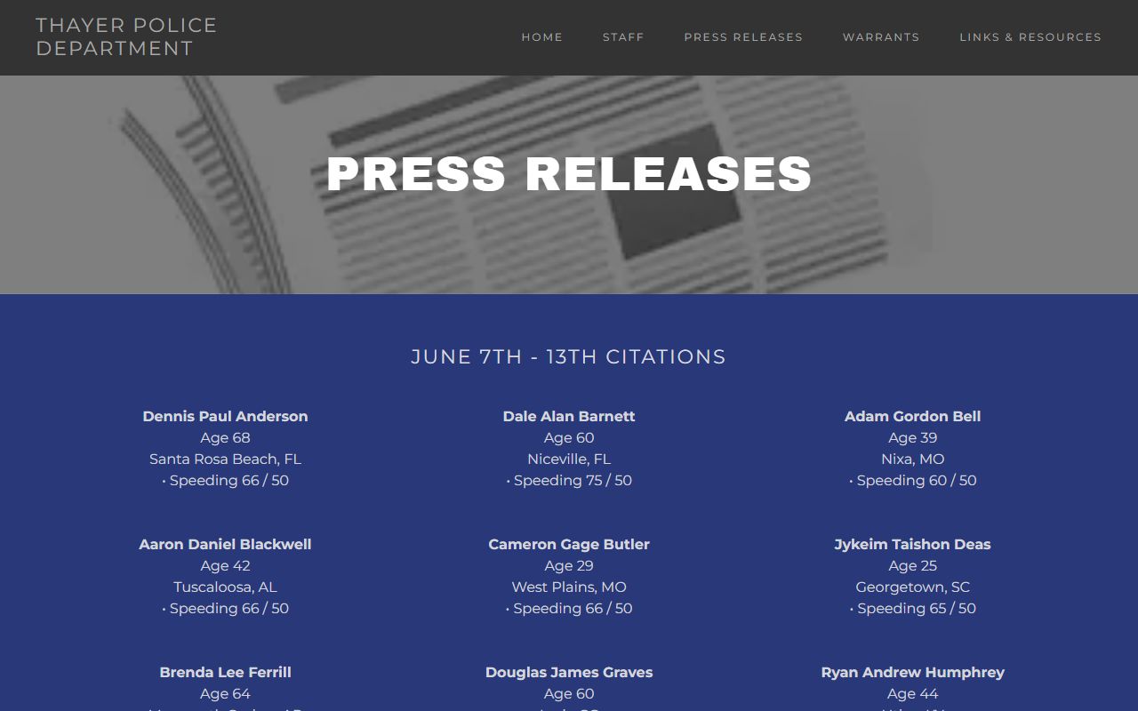 Thayer Jail booking and mugshot record sample from Thayer Police press releases