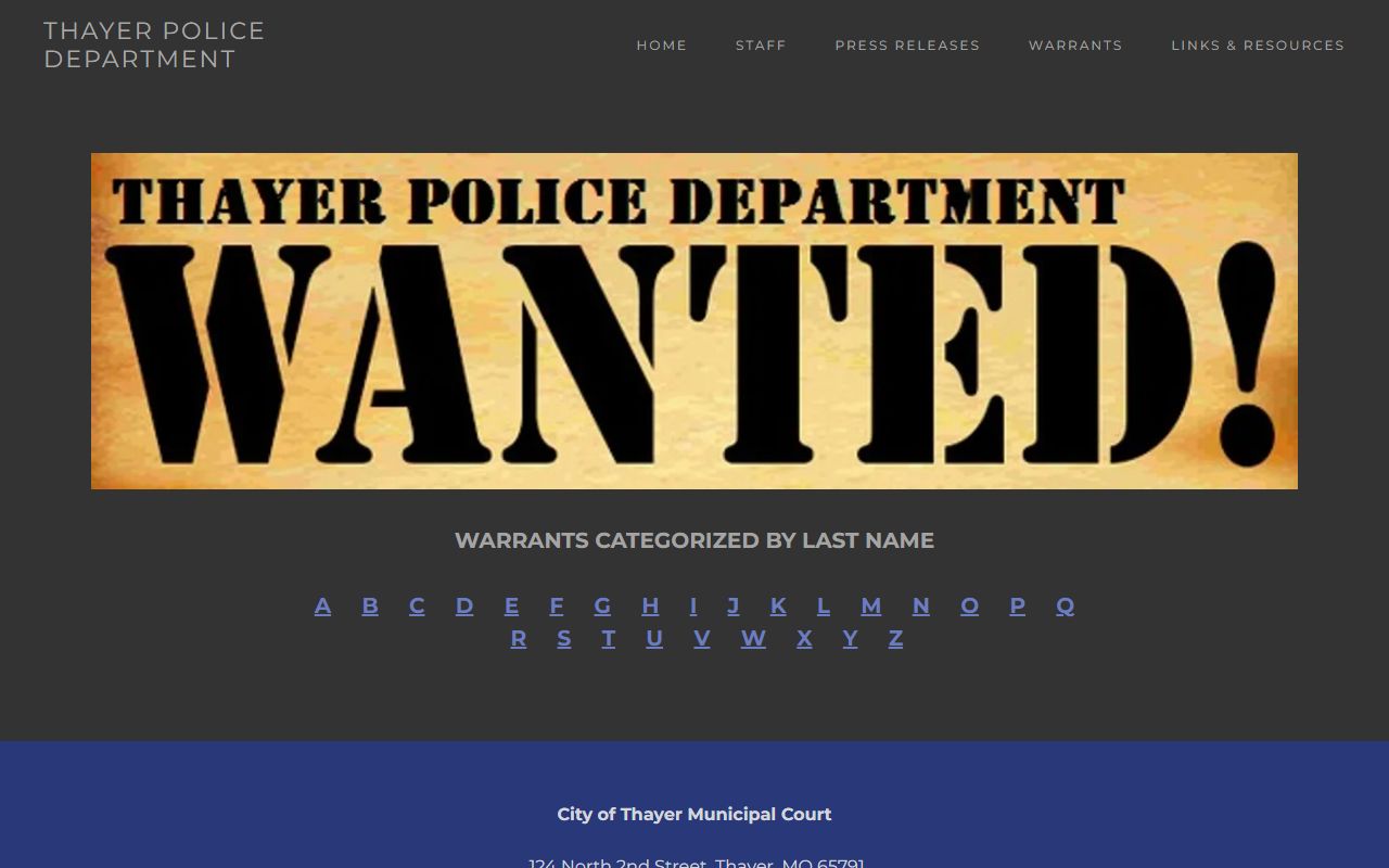 Thayer Jail warrant lookup selection page for municipal custody records